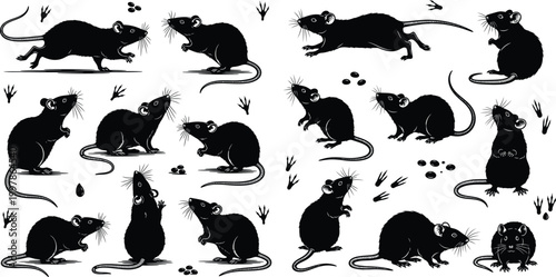Black silhouette collection of rats in various poses and activities