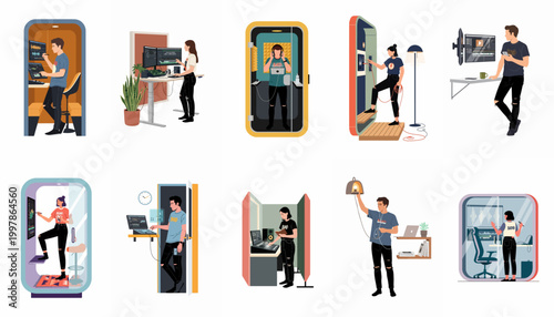 Bild auf Leinwand Collection of modern office pod illustrations featuring young professionals in creative workspaces, soundproof booths, and digital editing environments