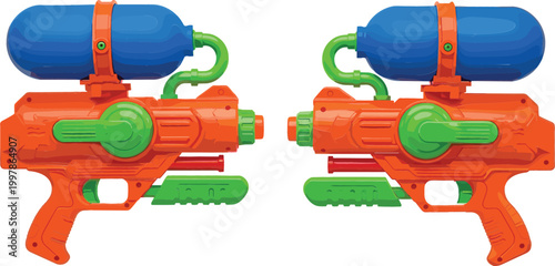 Colorful Water Gun Blaster Set with Tank and Pump Design for Summer Fun, Kids Outdoor Play, Pool Party, and Beach Activity Illustration