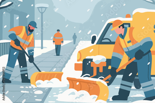 Two workers in safety jackets clearing snowy sidewalk with orange shovels, snow vehicle, and falling snow.
