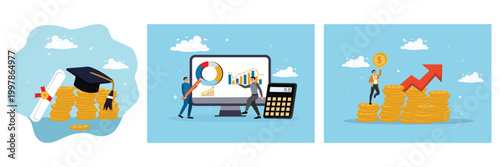 Financial success for education costs, analyze a financial data, stacks of coins and rising graphs.