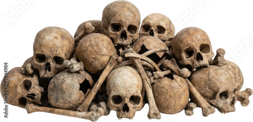 A piled heap of weathered human skulls and bones showcases an eerie macabre collection conveying themes of mortality and decay human remains death morbid ancient skeletal
