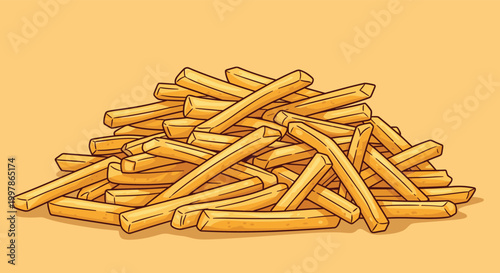 Large pile of crispy golden french fries serves as a classic fast food snack or side dish for burgers and casual dining.