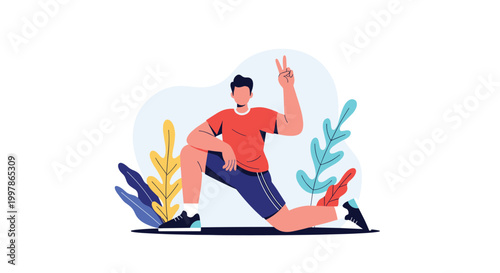 Active man in a red t-shirt and blue shorts performs a deep lunge stretch while gesturing peace sign in a lush green park.