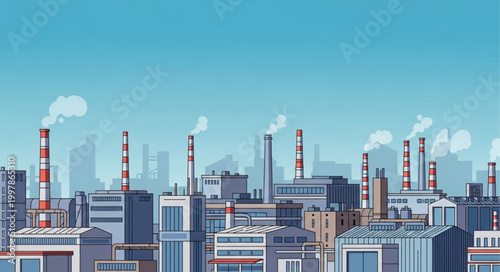 Industrial cityscape with smoking chimneys and modern buildings.