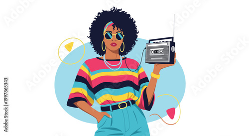 Stylish woman with an afro hairstyle wearing colorful striped shirt and sunglasses holding a retro cassette tape player.