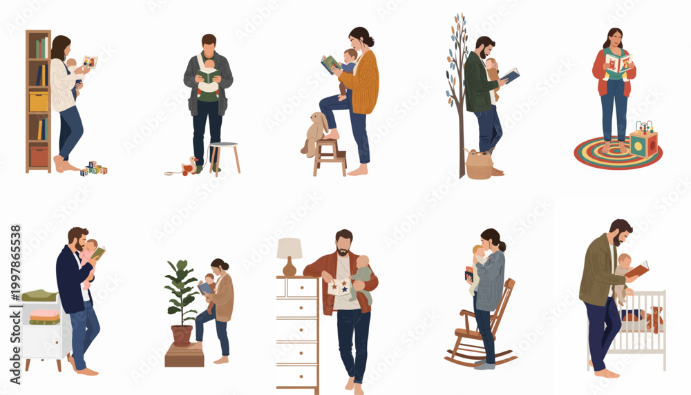 Obraz premium Collection of parents reading and bonding with their babies in cozy home settings, flat illustration style.