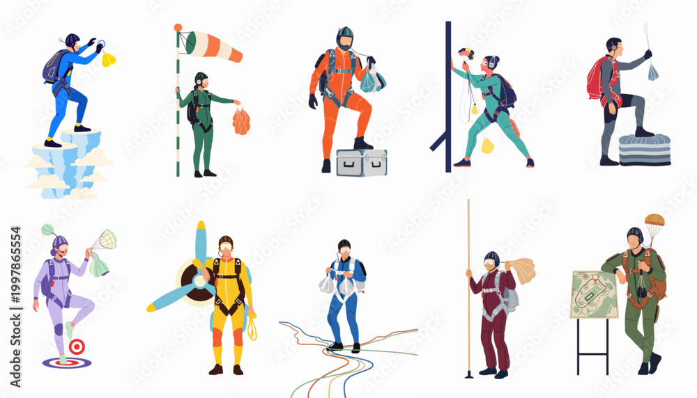 Fototapeta premium Collection of Flat Vector Illustrations Featuring Skydivers and Parachutists in Various Poses, Equipment Checks, and Planning Activities for Extreme Sports Concepts