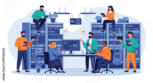 Diverse team of IT professionals managing servers and network equipment in a modern blue data center room or server farm.