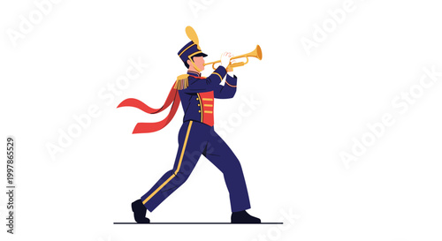 Enthusiastic marching band member in a blue and red uniform with gold tassels playing a golden trumpet during a parade.