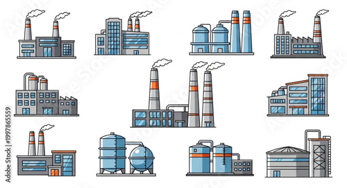 Collection of Industrial Factory Buildings with Smoke Stacks.