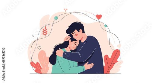 Kind man providing comfort and emotional support by hugging a crying woman in a gentle and decorative floral setting.