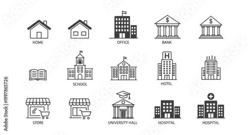 Collection of Hand Drawn Building Icons Representing Various Institutions.