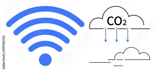 Technology, wireless communication, environmental impact, carbon emissions, data transmission, sustainability. wireless signal symbol next to clouds CO2 emissions. Wireless communication