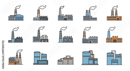 Collection of industrial factory buildings with smoke stacks.