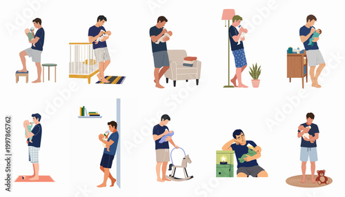 Illustration set of a caring father bottle feeding his infant baby in various domestic situations at home, showing paternal love and routine childcare.