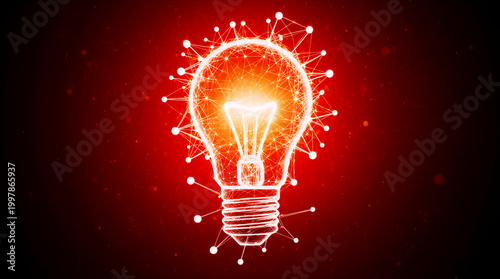Bright glowing light bulb with connected nodes and digital lines on red background symbolizing artificial intelligence, data networks, innovation, creative ideas, technology solutions and modern busin