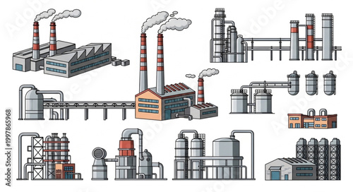 Collection of Industrial Factory Buildings with Smoke Stacks.