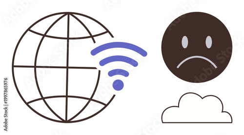 Digital communication, internet issues, global networking, cloud computing, connectivity problems, online services. ion of a globe, wireless icon sad face and cloud. Internet issues and global