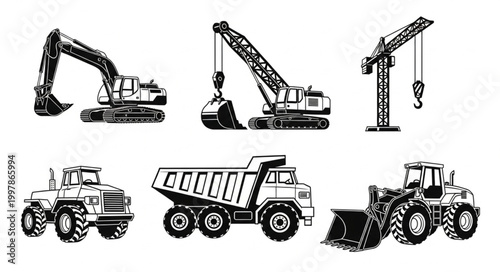 Collection of Heavy Construction Vehicles and Equipment.