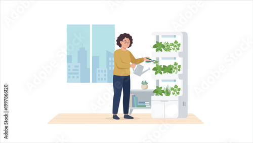 Senior woman pruning and watering plants in an indoor vertical garden