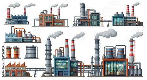Collection of Industrial Factory Buildings with Smoke Stacks.