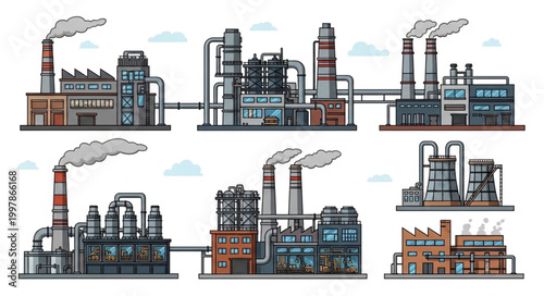 Collection of Industrial Factory Buildings with Smoke Stacks.