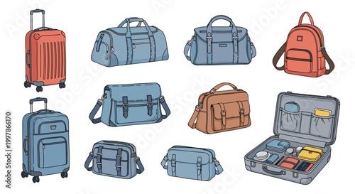 Various types of luggage and bags including suitcases, backpacks, and messenger bags in functional shades of blue and orange.