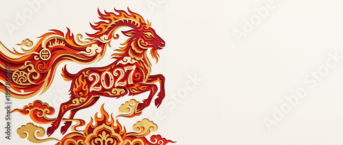 2027 Year of the Goat Chinese zodiac symbol, fiery red goat illustration for Lunar New Year celebration