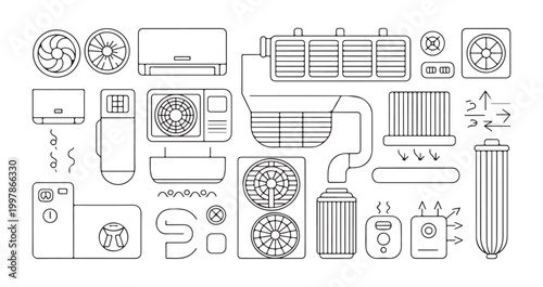 Comprehensive collection of line art icons representing various HVAC system components, including fans, ducts, filters, and air conditioners.