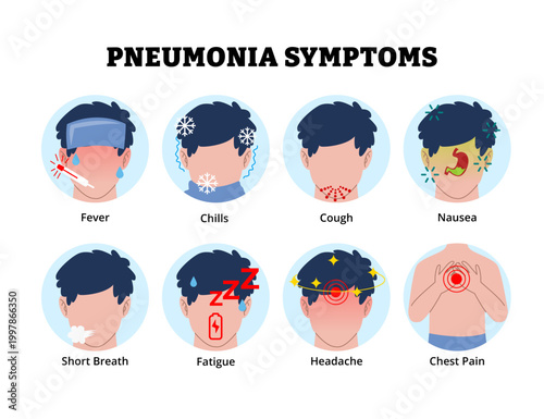 Pneumonia symptoms icon. Labeled man fever chills cough nausea short breath fatigue headache chest pain. Medical science educational illustration. . Respiratory system disease.