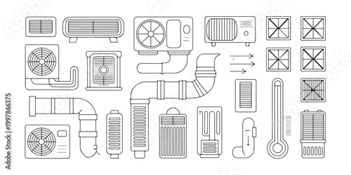 Detailed line art illustration featuring a variety of HVAC system components, including pipes, vents, and a thermometer, for technical diagrams.