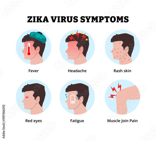 Zika virus symptoms icon. Labeled man fever headache rash skin red eyes fatigue muscle joint pain. Medical science educational illustration. Mosquito borne flavivirus Aedes Aegypti.