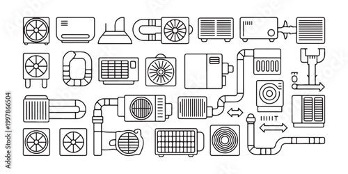 Extensive collection of line art icons representing a wide range of HVAC equipment and components for heating, ventilation, and air conditioning systems.