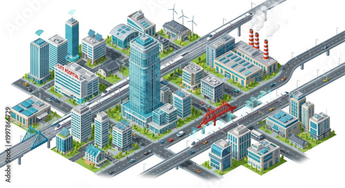 Modern Cityscape with Skyscrapers and Infrastructure.