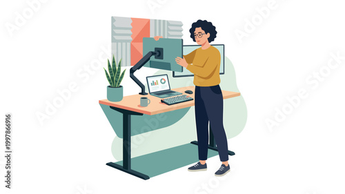 Woman adjusting computer monitor at a standing desk in modern office