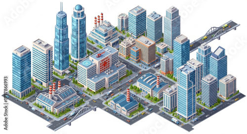 Isometric Cityscape with Modern Buildings and Infrastructure.