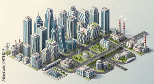 Modern Cityscape with Tall Buildings and Infrastructure.