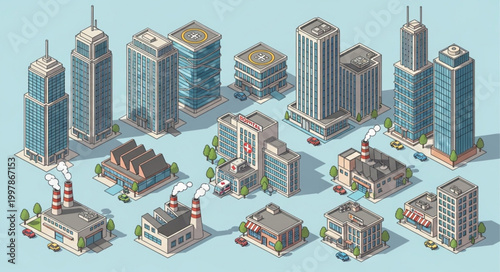 Collection of isometric city buildings and structures in pixel art style.