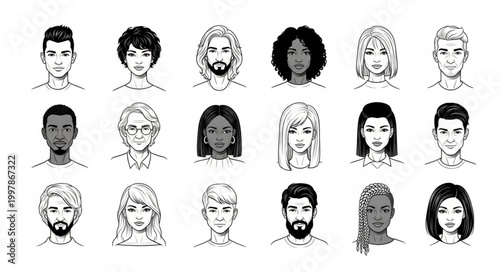 Diverse group of hand drawn people portraits illustration.