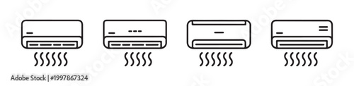 Set of four line art icons depicting air conditioner units with cooling air flow, representing climate control and HVAC technology.