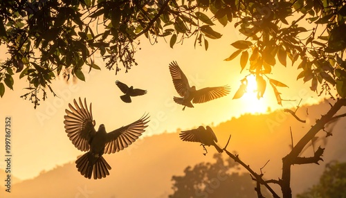 Silhouette of four birds taking flight against a backdrop of a warm sunset over a hazy mountain range