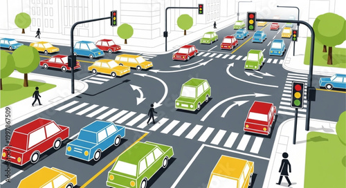 Busy city intersection with cars and pedestrians during the day.