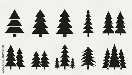 Collection of minimalist black and white vector illustrations of coniferous trees in various sizes and arrangements