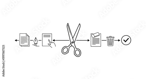 Document Editing Process with Scissors and Trash Can Icon.