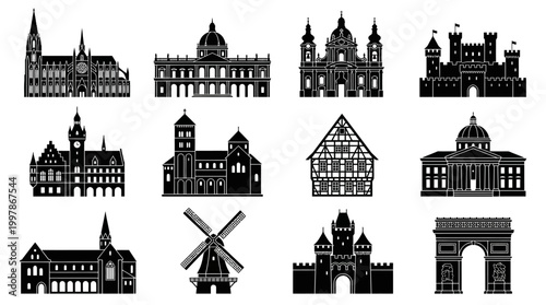 Collection of famous architectural landmarks and historical buildings worldwide. Black silhouette vector illustrations for global travel and cultural design concepts