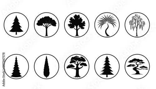 Diverse collection of stylized tree icons, featuring various natural forms and botanical concepts as black silhouettes in circular frames for graphic design