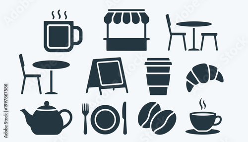 Comprehensive vector icon set for cafes and coffee shops, illustrating hot drinks, delectable pastries, comfortable seating, and essential service elements for branding