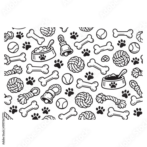 Seamless Black and White Dog Pet Pattern with Paw Prints, Bones, Toys and Food Bowl — Cute Doodle Vector Repeat Background for Pet Shop and Animal Lover Designs