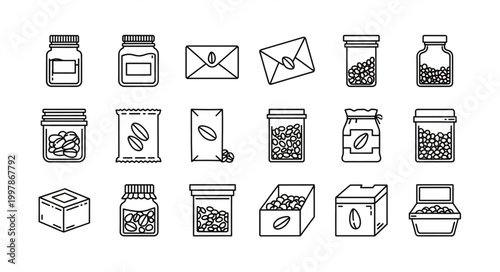Collection of hand drawn coffee beans and packaging icons.